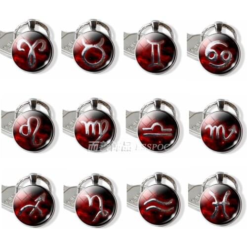 12 Constellation Zodiac Sign Jewelry Pendant Aries Virgo Leo Cancer Key Chain Ring Round Glass Keychain Keyring Birthday Gift