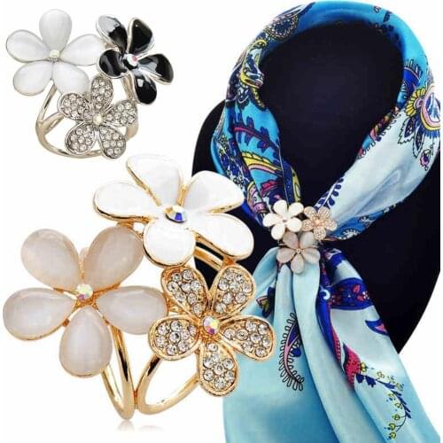2020 Hot Sales Women Shiny Rhinestone Inlaid Flower Scarf Ring Clip Holder Brooch Pin Buckle brooches for women/clothes for wome
