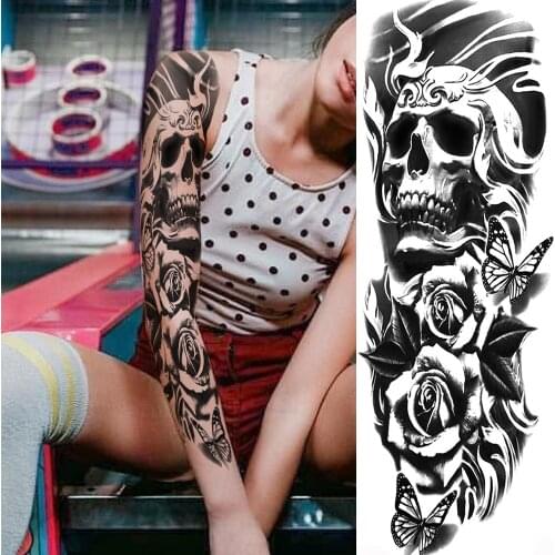 Skeleton King Rose Butterfly Temporary Tattoos For Men Women Body Art Full Arm Sleeve Tatoo Waterproof Fake Tattoo Stickers