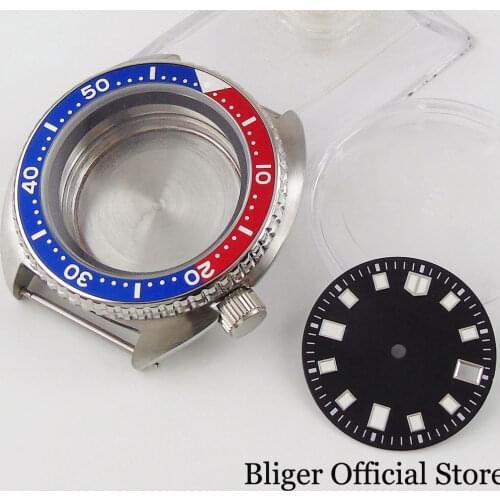 BLIGER 45mm Watch Case fit NH35A NH36A Movement BLUE RED Alloy Insert Flat Sapphire Glass Screw Down Crown Luminous Dial
