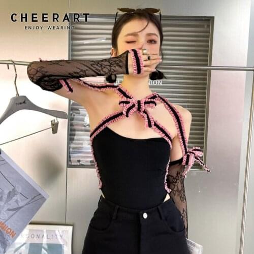 CHEERART Designer Bodycon Asymmetrical Halter Crop Top Summer Lace Oversleeve Backless Black Sexy Bow Halter Neck Top Fashion