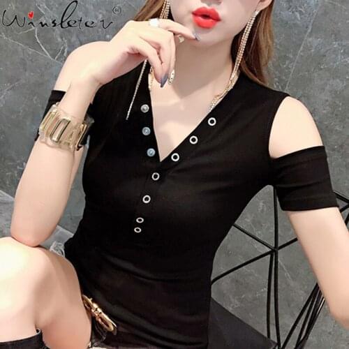 Summer Korean Fashion Streetwear Off Shoulder V-Neck Tshirt Women Short Sleeve Button Top Bottoming Shirt Slim New 2021 T13104A