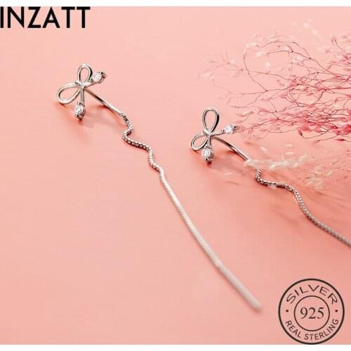 INZATT Real 925 Sterling Silver Zircon Bowknot Chain Tassel Hoop Earrings For Fashion Women Party OL Fine Jewelry Accessories