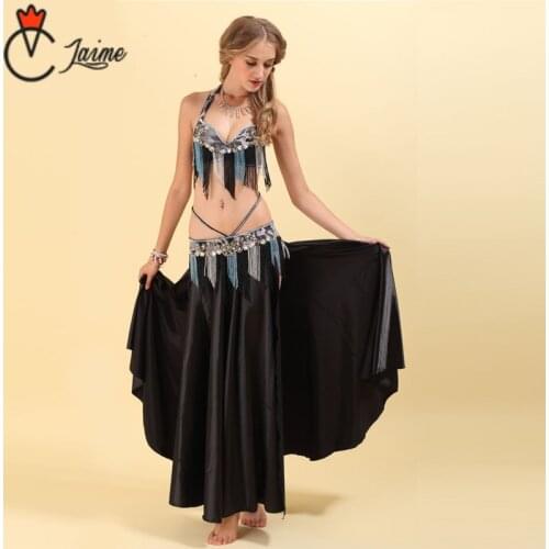 Belly Dance Costume Fringed beads Stage Performance Oriental Belly Dancing Clothes Suit Bead Outfit Black 3pieces Bra Belt Skirt