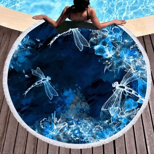 Blue Fluorescent Dragonfly Round Bath Towel Home Tassel Beach Towel Microfibre Travel Compressed Shower Bathroom Swim Blanket