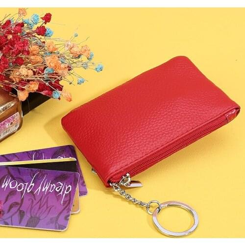 MJ Coin Pocket Genuine Leather Mini Clutch Purse Key Chain Card Holder Money Purses Solid Unisex Wallet Zipper Coin Pockets