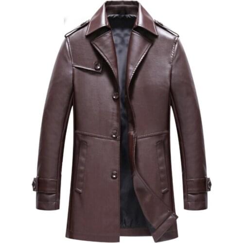 New Autumn Mens Leather Jackets Casual Long Trench Coat British Style Motorcycle Leather Jacket Male Single Breasted PU Outwear