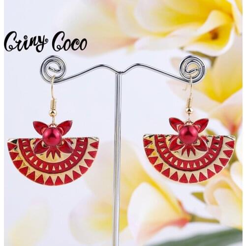Cring Coco Unusual Earrings Female Hawaiian Drop Hanging Earrings Trend Enamel Fan Pearl Earring Pendant Jewelry for Women 2021