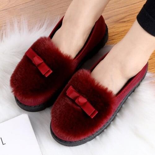 Ousefu New 2021 Winter Women Lovely Bow Fur slippers outdoor Warm Comfort Cotton Casual Shoes Woman Loafers Fluffy Ballet Flats