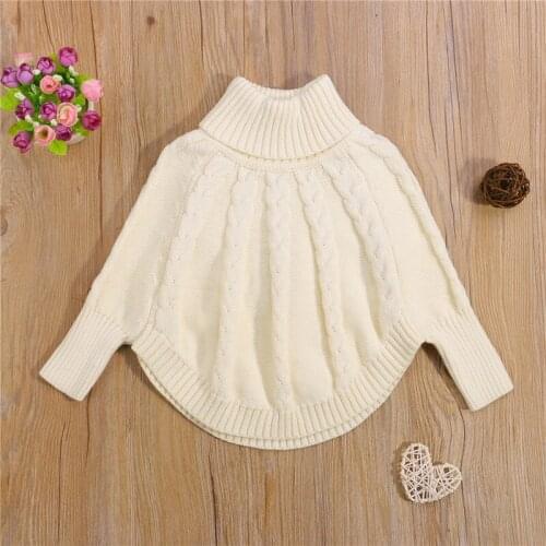 Baby Girls Casual Solid Color Sweater Beige Turtleneck Batwing Sleeves Cloak Winter Autumn Warm Fashion Knitwear Pullover Tops