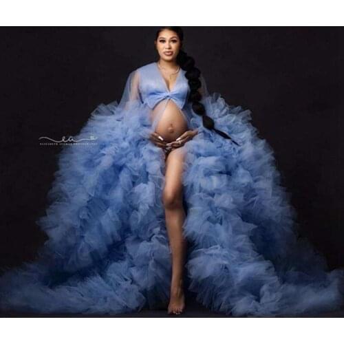 Luxury Blue Tulle Maternity Dresses Long Robes Very Puffy Sexy Open Front Bow Puffy Pregnant Women Gowns Baby Shower Dress