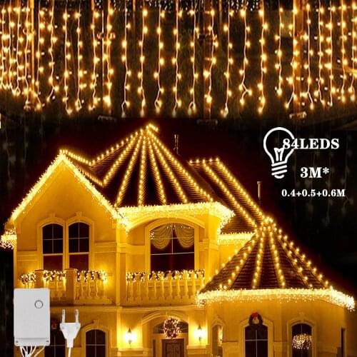3M Christmas String Lights Waterproof Outdoor LED Curtain Icicle Garland Lamps Droop 0.4-0.6m Decoration For Garden Mall Eaves