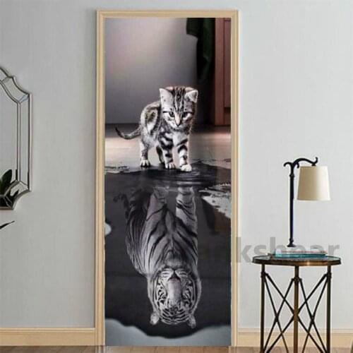 3D Self Adhesive Wall Art Decal On Door New Sticker Cat Animal For Home Door Decor Renovation Wallpaper Print Picture Waterproof