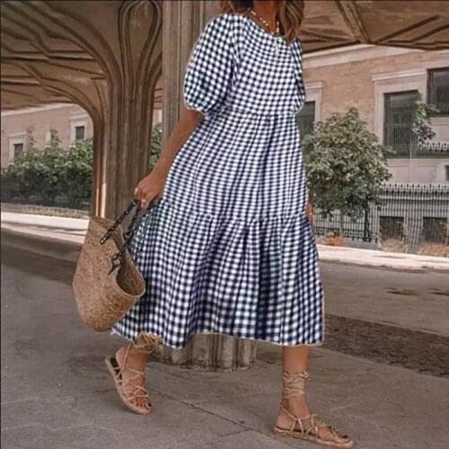 Summer Womens Dress2021 Fashion Plaid Print Dress O Neck Short Sleeve Plus Size 5XL Loose Casual Female Sundress Robe Femme