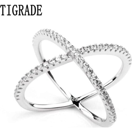 Tigrade Luxury 925 Sterling Silver Ring for Women X Shape Cross Design Cubic Zircon Fashion Jewelry Famale CZ Eternity Rings