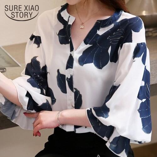 2021 Summer Womens Tops and Blouses Plus Size Women Shirts Chiffon Blouse V-Neck Three Quarter Floral Puff Sleeve Shirts Blusas