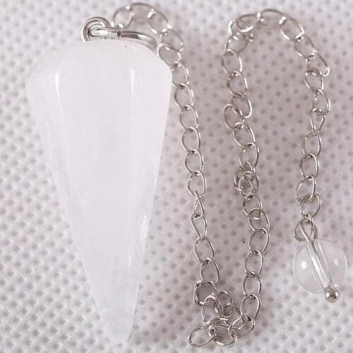 Chain Natural Stone Reiki Pyramid Hexagonal Pendulum Pendant White Crystal Bead for Jewelry Gift 1Pcs K1803
