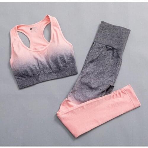 Womens Ombre Seamless Sports Yoga Sets Gym High Waist Leggings+Bra Suits Fitness Training Sports Running Sportswear Pants+Bra
