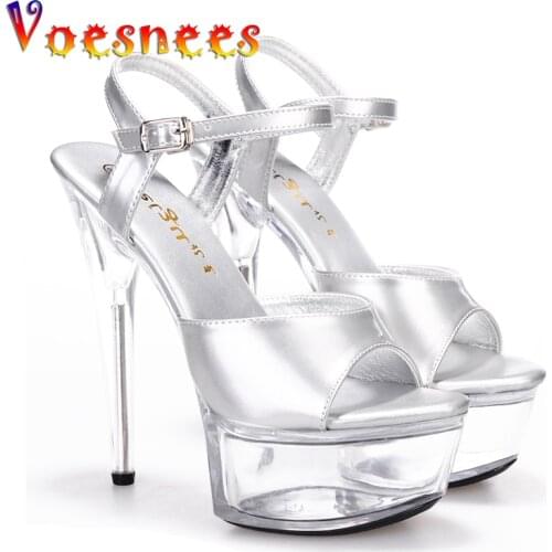 2020 Sexy High Heels15CM Fine Heel Waterproof Sandals Woman SlippersTransparent Crystal Shoes Women Wedding Banquet Black Silver