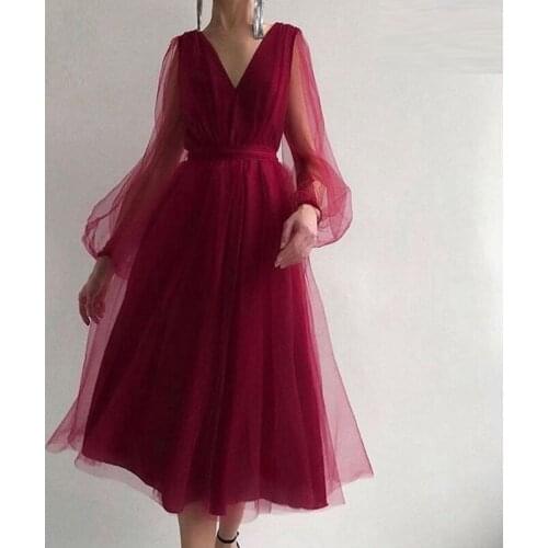New Arrival V Neck Short Evening Dress Burgundy Cheap Long Sleeve Prom Party Dresses Robe De Soiree Courte Formal Dress