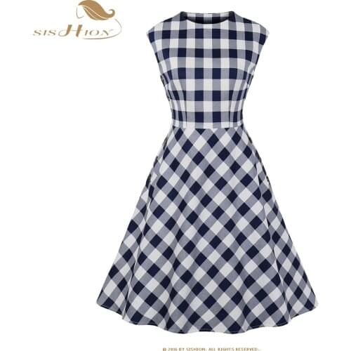 2021 New Arrival Cotton Retro Vintage 50s 60s Plaid Dress with Buttons VD2064 Sleeveless Women Summer Dresses