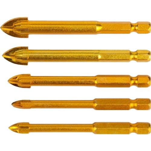 5PCS 6/6/8/10/12mm Hex Shank Titanium Coated Cross Head Hole Drill Ceramic Marble Tile Glass Drill Bit