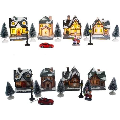 Xmas Decor Lighting Up DIY Christmas Doll Figurine Tree Tiny Resin House Village for Home Decoration Holiday Gifts