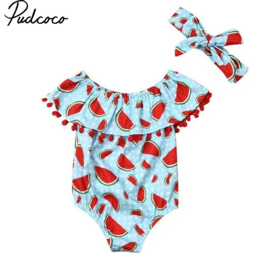 Newborn Baby Girls Clothes Watermelon print short sleeve round neck Bodysuit Bowknot Headband 2pc cotton casual summer set