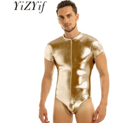 Body shaper men One-piece bodysuit men Wetlook Patent Leather Short Sleeves Zippered Metallic Latex Leotard Bodysuit Nightclub