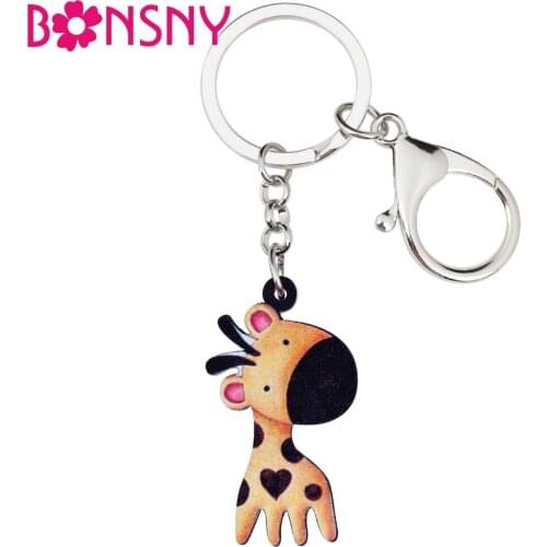 Bonsny Acrylic Anime Cartoon Novelty Giraffe Key Chains Keyrings For Women Girl Bag Purse Car Ladies Pendant Handbag Charms GIFT
