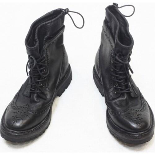 Retro Fretwork Genuine Leather Boots Mens Black Fashion Round Toe Lace Up Snow Boots New High Quality Ankle Shoes Male