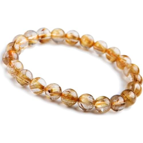 8mm Natural Gold Titanium Rutilated Quartz Crystal Bracelets For Women Femme Charm Stretch Clear Round Bead Bracelet AAA