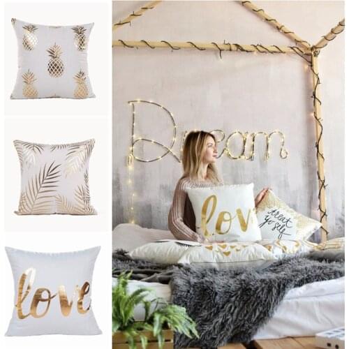 Black And White Bronzing Love Cushion Decorative Pillow Golden Leaves Soft Velvet Home Decor Sofa Throw Almofadas Decorativas