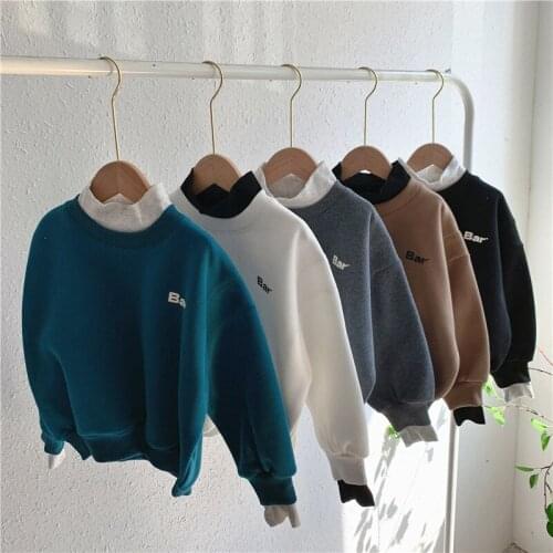 Childrens Sweatshirt 2020 Winter New Baby Boys and Girls Fake Two-piece Letter Sweatshirt Baby Fleece Pullover Hooded T Shirt