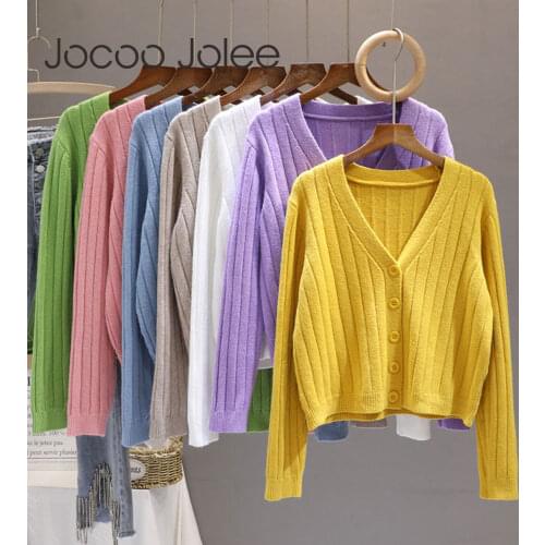 Jocoo Jolee Elegant V Neck Cardigan Korean Ribbed Solid Color Sweater Coat Casual Single Breasted Knitted Blouse Jackets