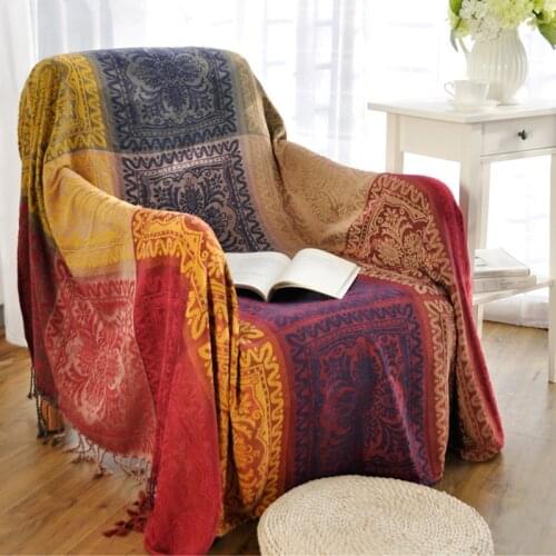 Ethnic Bohemian Grid Yarn-dyed Knitted Chenille sofa cover Blanket Towel Bed wall boho Decor slipcover Travel picnic pad mat