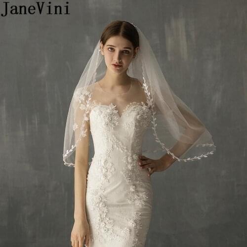 JaneVini Gorgeous Soft Tulle Bridal Veil with Veil Two Layers Short Pearls Applique Boho Bride Wedding Veils tule mariage 2020