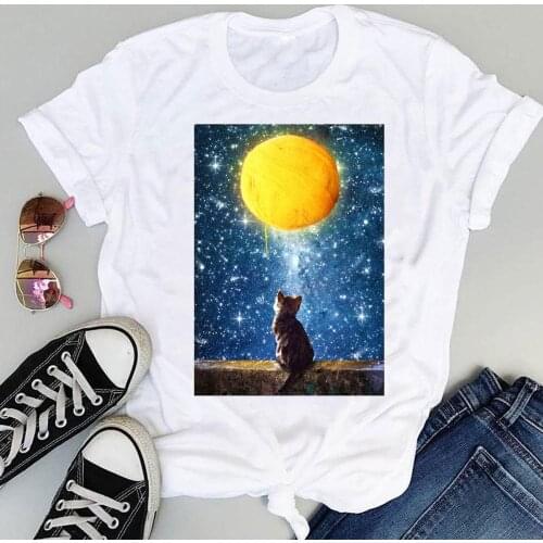 Women Cartoon Star Moon Space Cute Animal Short Sleeve Sweet Summer Fashion Print Lovely Clothes Tops Tees Tshirt T-Shirt