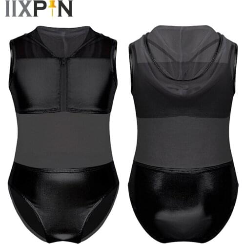 IIXPIN Kids Girls Shiny Metallic Leotard Ballet Hoodie Mesh Patchwork Zipper Closure Ballet Dance Gymnastics Leotard Jumpsuit