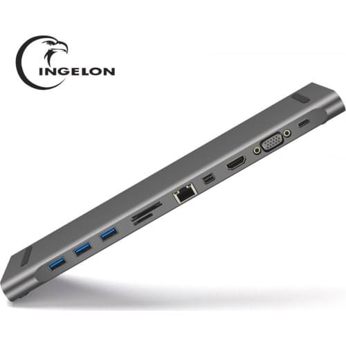 Ingelon Multi-function 11 in 1 Hub USB Type-C Docking Station for MacBook Aluminum USB3.0 to HDMI/VGA Universal Docking for Dell