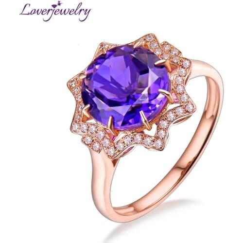 LOVERJEWELRY Gemstone Rings Solid 18K Rose Gold Natural Purple Amethyst Wedding Ring For Women Diamond Anniversary Rarity Gift