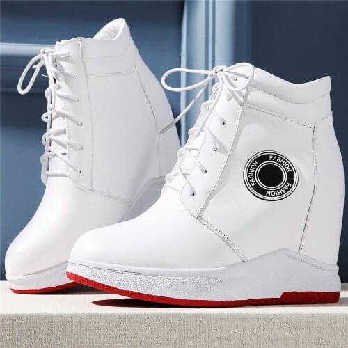 Plus Size Fashion Sneakers Women Lace Up Genuine Leather Wedges High Heel Pumps Female High Top Platform Booties Casual Shoes