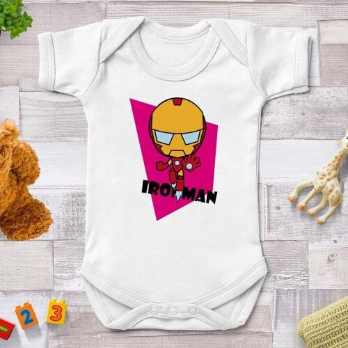 Cool Baby Girl Clothes Ironman Print Marvel Superhero Printed Summer White Jumpsuits Infant Baby Bodysuit