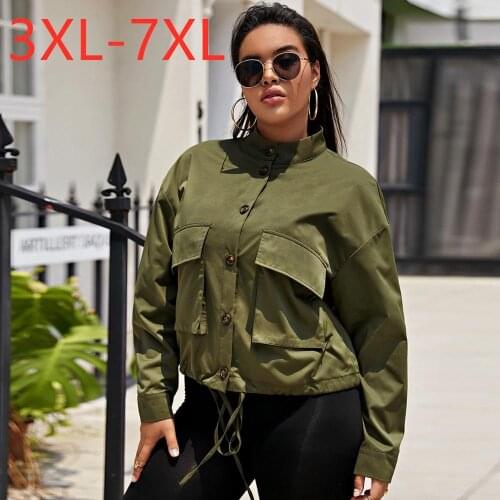 New 2021 Spring Autumn Plus Size Short Jacket For Women Large Long Sleeve Loose Pocket Green Botton Coat 3XL 4XL 5XL 6XL 7XL