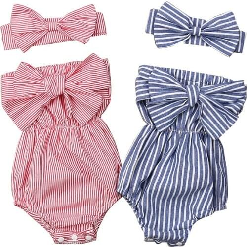 Summer Bow Off Shoulder Baby Girls Rompers Toddler Clothes Sets Striped Kids Romper + Headband
