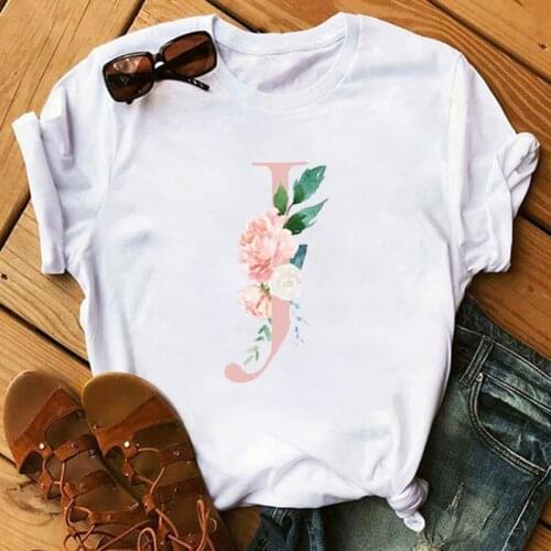 Summer New Female T-shirts Pink 26 Letters Flower Women T Shirts Harajuku Fashion Short Sleeve Casual Clothes 90s Kawaii Shirt