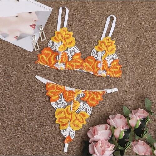 2021 Hot Exotic Women Sexy Floral Embroidery Lace mesh Underwear V-neck Wireless Bra Thong Transparent Lingerie Set стринги