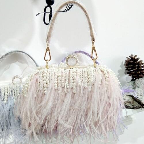 Women Real Ostrich Fur Handbag With Ring Pearl Luxury Day Clutch Diamond Evening Bag For Party Wedding Mini Feather Chains Tote