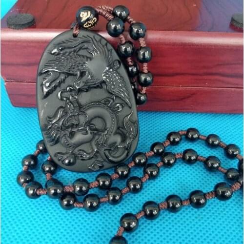 Nature obsidian Amulet Carven Dragon Phoenix Pendant with Bead chain talisman