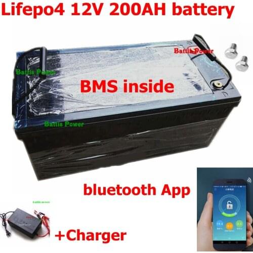 Rechargeable anti-water 12.8V Lifepo4 12V 200AH lithium battery BMS 200A with bluetooth for Solar system inverter +10A Charger